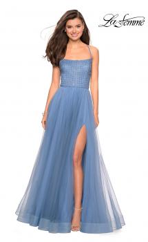 Picture of: Long A Line Tulle Prom Dress with Beading in Slate Blue, Style: 27668, Main Picture