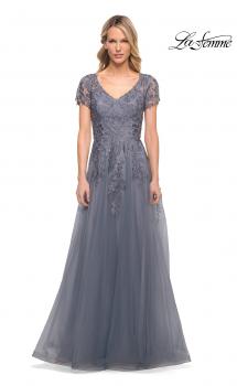 Picture of: Lace and Tulle A-line Evening Gown with Cap Sleeve in Blue, Style: 29164, Main Picture