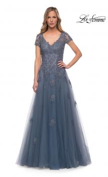 Picture of: Tulle A Line Gown with Lace Applique and V Neck in Slate, Main Picture