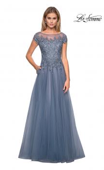 Picture of: Long Tulle Gown with Lace Bodice and Pockets in Smoky Blue, Style: 26893, Main Picture