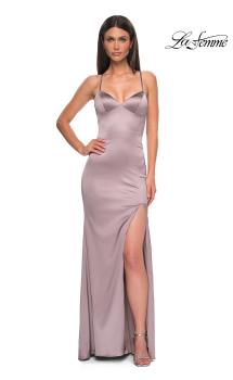 Picture of: Fitted Simple Satin Prom Dress with Lace Up Back in Taupe , Style 33010, Main Picture
