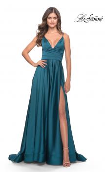 Picture of: A-Line Satin Gown with Ruched Bodice and V Neck in Teal, Style: 31505, Main Picture