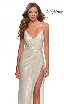 Picture of: Long Metallic Jersey Prom Dress with Knot Detail in White/Gold, Style: 28363, Main Picture
