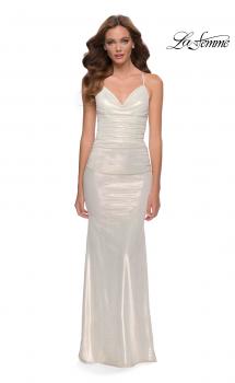 Picture of: Fitted Metallic Jersey Gown with Open Criss Cross Strappy Back in White, Style 29837, Main Picture