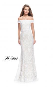 Picture of: Off the Shoulder Beaded Lace Gown with Ruffle Detail in White, Style: 26218, Main Picture