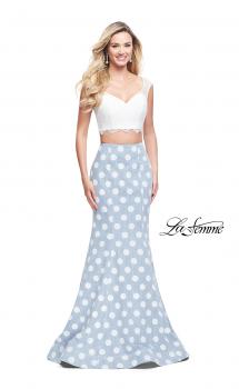 Picture of: Denim Polka Dot Two Piece Prom Dress with Lace Top in White Blue, Style: 26206, Main Picture