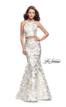 Picture of: Two Piece Mermaid Jacquard Prom Dress with Open Back in White Gold, Style: 26202, Main Picture