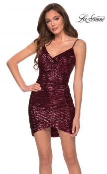 Picture of: Short Sequin Homecoming Dress with Faux Wrap Skirt in Wine, Style: 29426, Main Picture