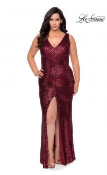 Picture of: Sequin Striped Plus Size Prom Dress with Center Slit in Wine, Style: 28796, Main Picture