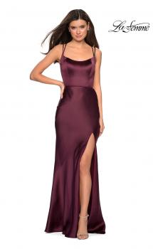 Picture of: Satin Prom Gown with Scoop Neck and Side Slit in Wine, Style: 27010, Main Picture