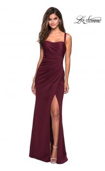 Picture of: Long Jersey Gown with Size Ruching and Slit in Wine, Style: 27470, Main Picture