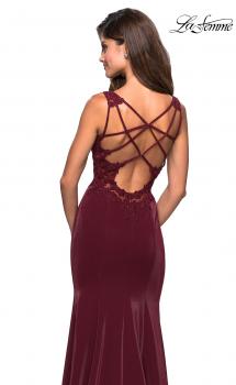 Picture of: Jersey Prom Dress with Strappy Back and Lace Accents in Wine, Style: 27474, Main Picture