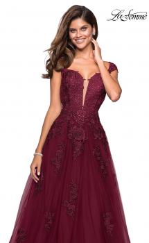 Picture of: Floor Length Cap Sleeve Prom Gown with Lace Detail in Wine, Style: 27503, Main Picture