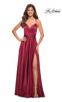 Picture of: Satin Jewel Tone Gown with Criss-Cross Ruched Top in Wine, Main Picture