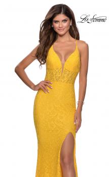 Picture of: Floor Length Lace Prom Dress with Sheer Bodice in Yellow, Style: 28591, Main Picture