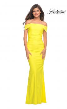 Picture of: Long Off the Shoulder Ruched Neon Jersey Dress in Yellow, Style: 30421, Main Picture